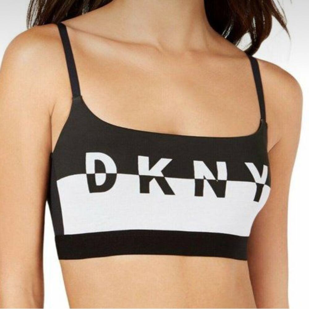 DKNY Cotton Blend Logo Wire-Free Bralette DK4509 Black & White Size Small